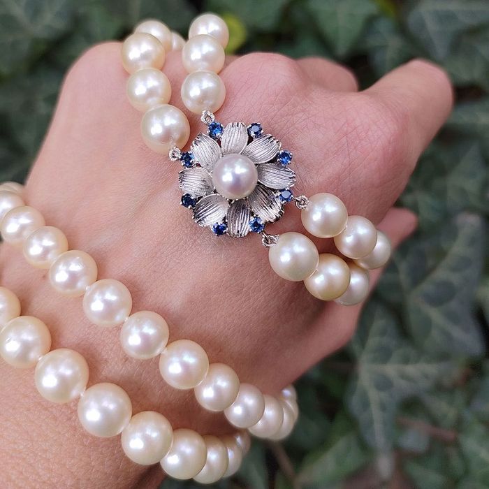 (PROMOTIE) colier vintage perle Akoya, aur 18k, safire, certificat