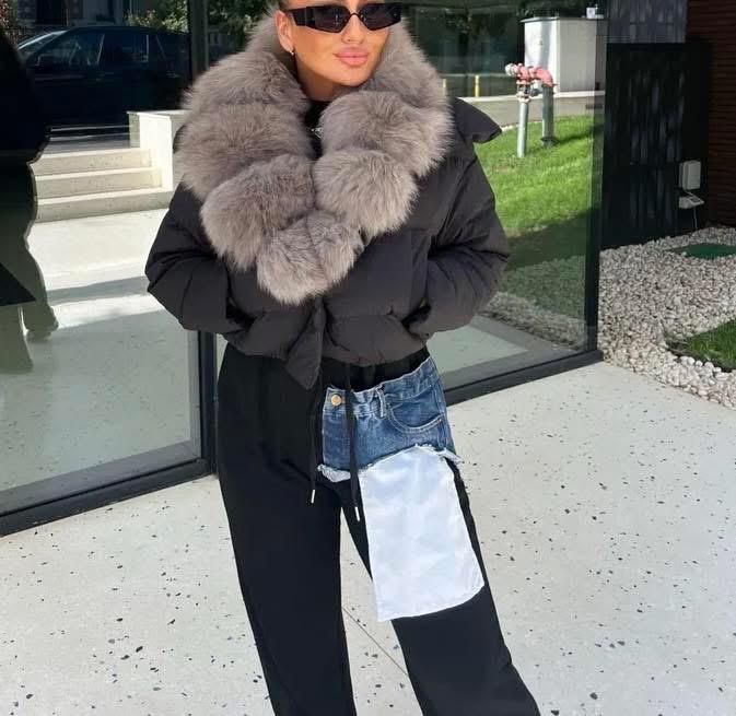 Geaca cu blana de vulpe si puf la interior s
