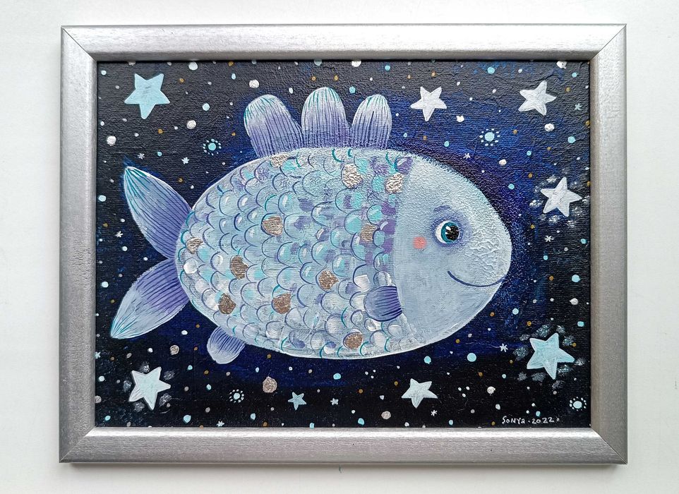 Картина в раме.  "Серебряная рыбка"