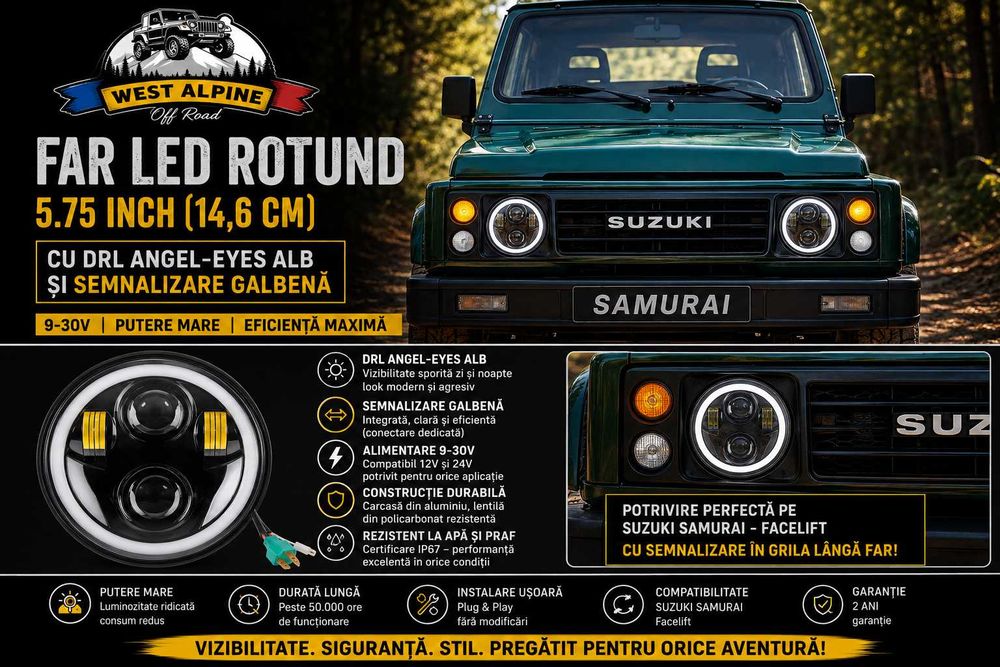 Far LED rotund 5.75 inch (14,6 cm) - cu DRL angel-eyes alb si semnalizare galbena - 9-30V - Far SUZUKI SAMURAI Facelift