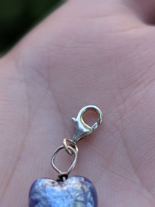 Vechi charm pandantiv argint 925, in forma de inima, din sticla de Murano, albastru deschis