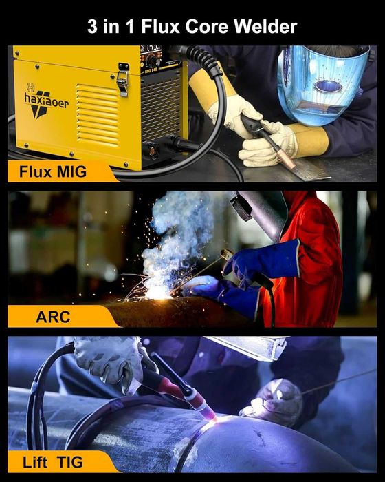 HAXIAOER 145A Безгазов телоподаващ заваръчен апарат 3 в 1 MIG/ARC/Lift TIG