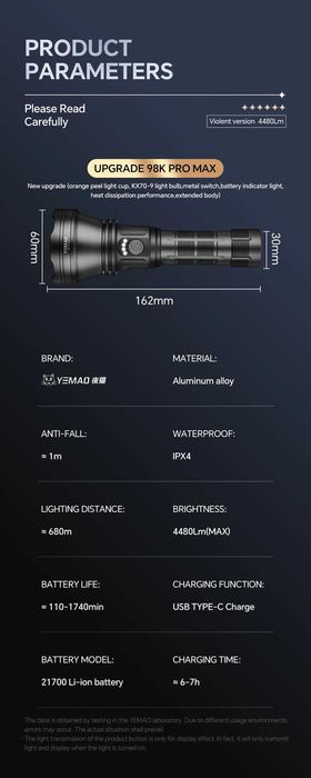 Lanterna LED 98KProMax, reincarcabila, 4480LM, raza de actiune 680m