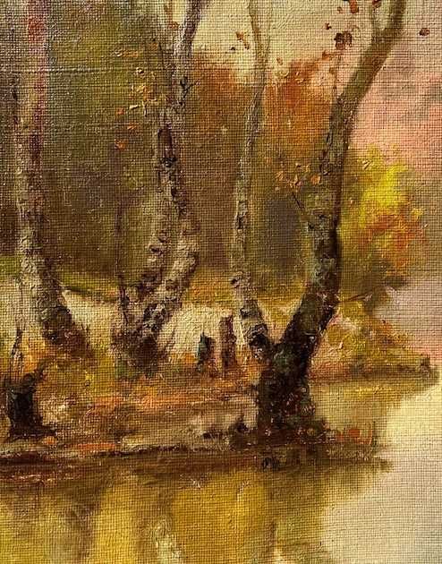 ”MESTECENI PE LAC” Tablou f VECHI, ulei/pz sac, mare 80x60cm+R, semnat