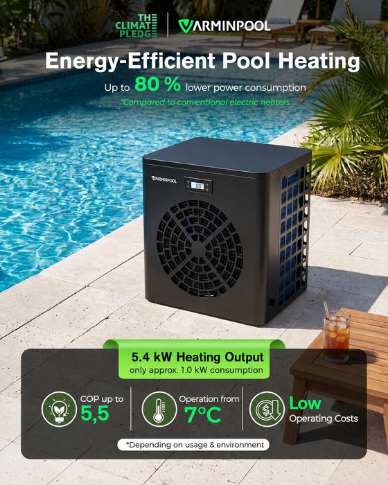 Нова Термопомпа за басейн 5.4 kW VARMINPOOL, отопление/охлаждане, WiFi