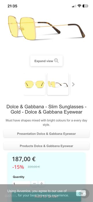 Слънчеви очила Dolche & Gabbana slim gold, D&G