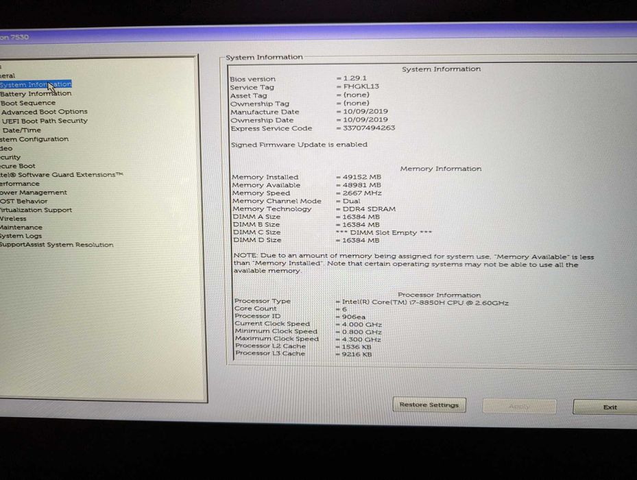 Dell Precision 7530, Intel i7-8850H, RAM: 48 GB, 500GB SSD