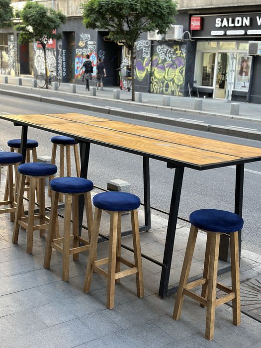 Set masa exterior cadru metalic blat stejar stratificat scaune bar