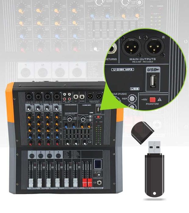 Mixer audio 4 canale 2 x 500W KTML4 Stereo 99 Efecte DSP cu amplificator Bluetooth USB Egalizator