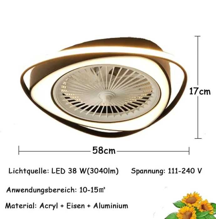 Модерна черна LED лед димируема вентилатор с дистанционно управление