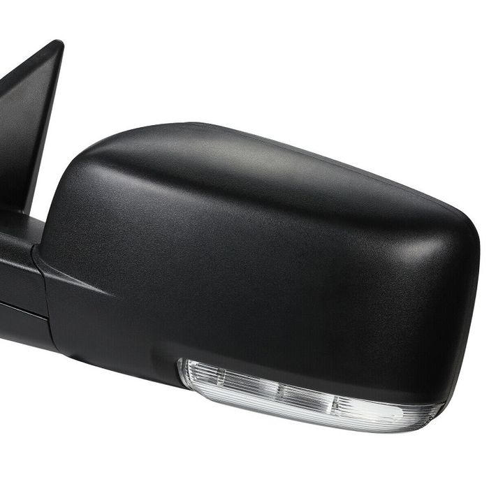 Oglinda usa exterioara Dodge RAM (DS/DJ), 2010-2012, SRLine Polonia, partea stanga/dreapta, reglare electrica; carcasa neagra; incalzit; geam cromat; 10 gauri / 2 pini+ 10 gauri / 7 pini; lungime, cu semnalizare; cu foot lamp