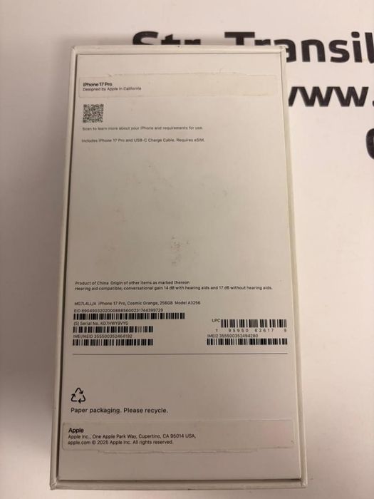 Telefon iPhone 17 Pro, 256GB, 5G, Cosmic Orange, 128 Cicluri -T-