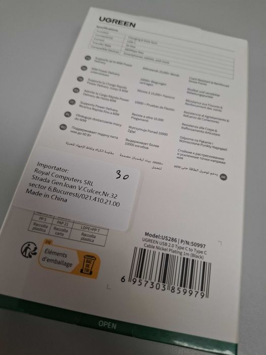 Cablu încărcare și date 60W UGREEN 2 metri, USB C LA USB C, nou