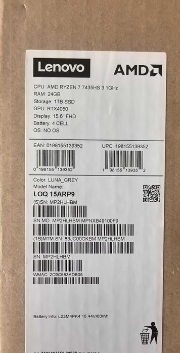 Lenovo LOQ 15ARP9 Ryzen 7 7435HS, RTX 4050, 24GB Ram, 1TB NVME