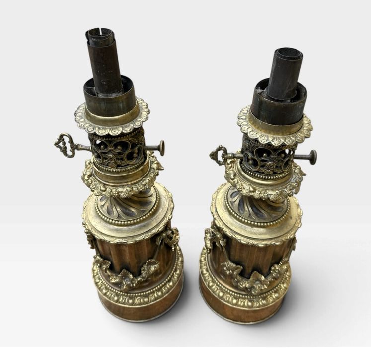 Pereche lămpi decorative bronz/alamă combustie petrol lampant