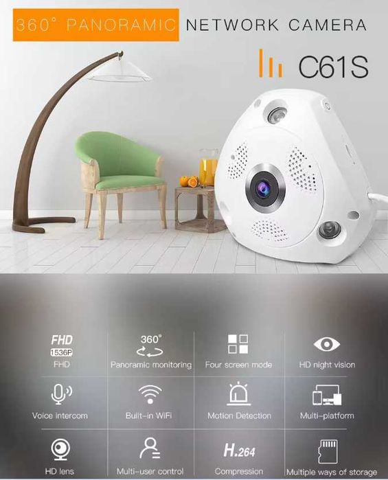 Панорамная IP Wi-Fi камера видеонаблюдения для потолка