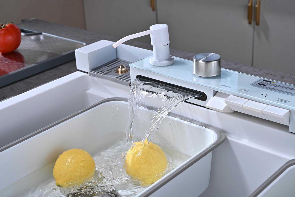 Бяла гранитна мултифункционална кухненска мивка с двоен водопад