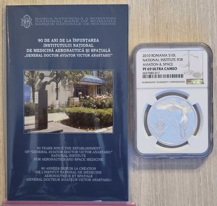 Moneda BNR 10 lei argint Med Aeronautica Spatiala gradata NGC PF 69