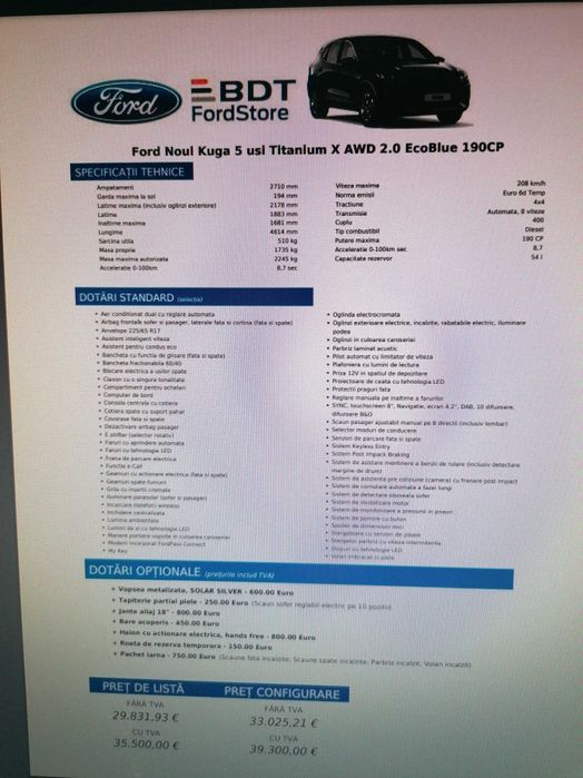 Ford Kuga 2.0 EcoBlue, 190 CP, 4x4, 8+1 Aut. TITANIUM X