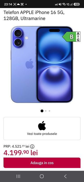 Telefon mobil Nou Sigilat cu garantie Apple iPhone 16, 128GB, 5G, Ultramarine