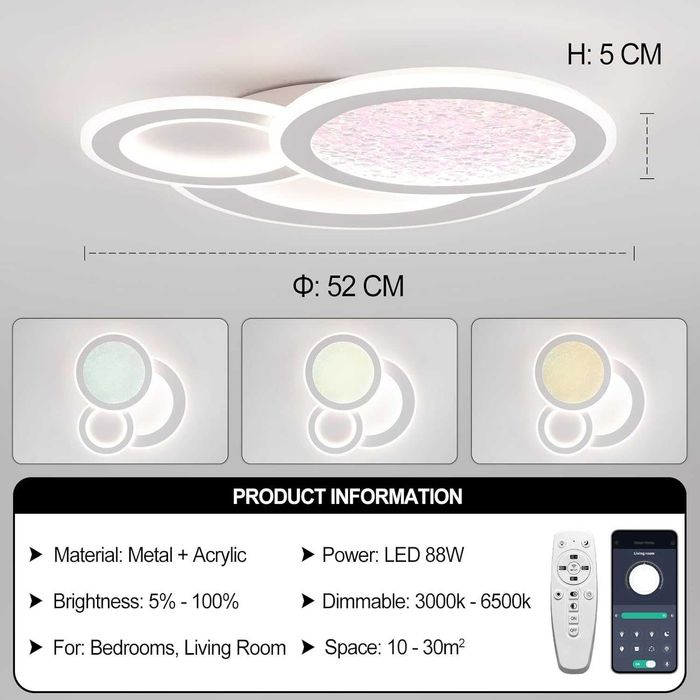 LED Смарт полилей за таван с дистанционно и димиране, 88W, за дневна и спалня