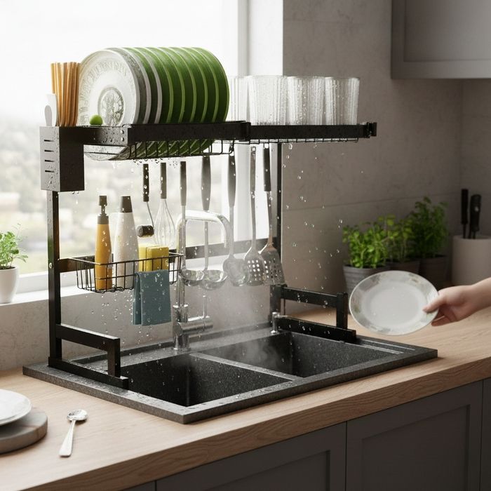 Двуетажен сушилни за съдове с поставка за дъска за рязане