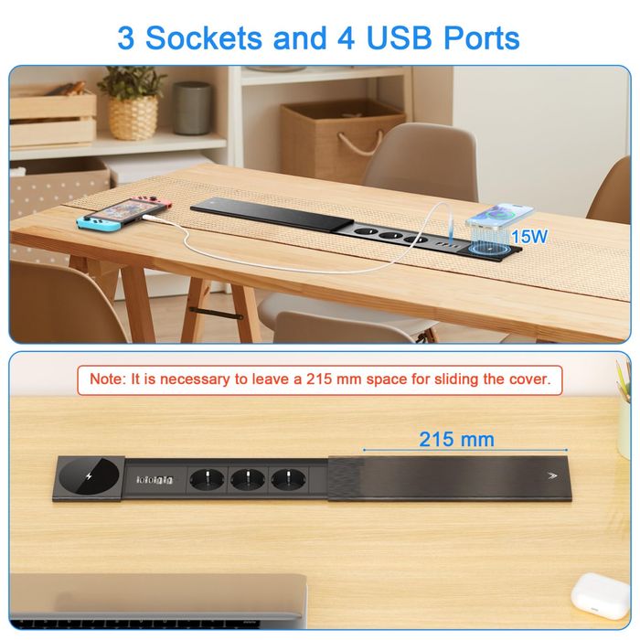 Разклонител за вграждане/3 гнезда/15W безжично зарядно/2 USB-C PD 30 W/2 USB-A порта, Inox капак