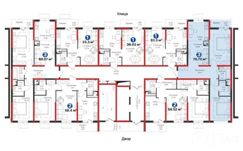 Жк NRG Meros 3х-комнатная 71.32м2 коробка