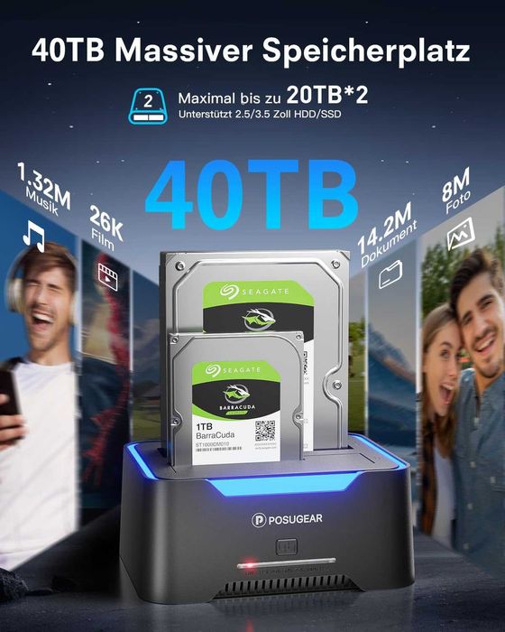 Hard Drive Dock 2.5"/ 3.5" SATA. Dual Disk Offline Replication. 40TB