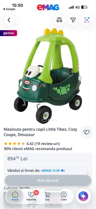Masinuta pentru copii Little Tikes, Cozy Coupe, Dinozaur