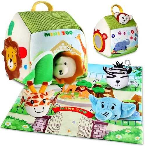 Сензорен зоопарк сет за бебе с 5 плюшени животни интерактивна къщичка