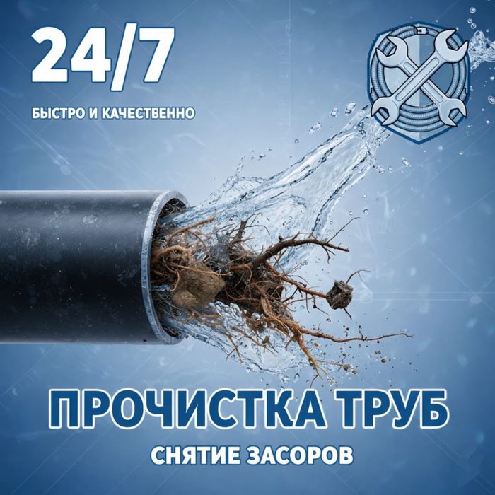 Прочистка канализации, чистка труб, устранение засора 24/7