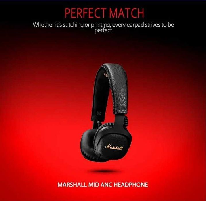 Set 2 bureti pentru casti Marshall MID ANC, On-Ear - Negru - Spuma cu memorie - Piele ecologica