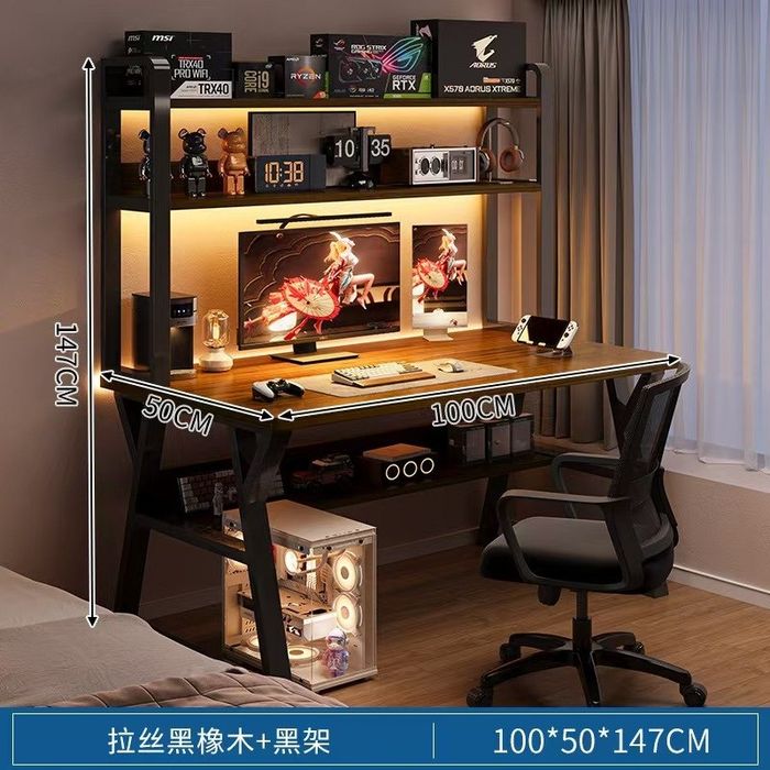 Компьютерный стол 100×50×147 см с подсветкой, чёрный каркас + дерево