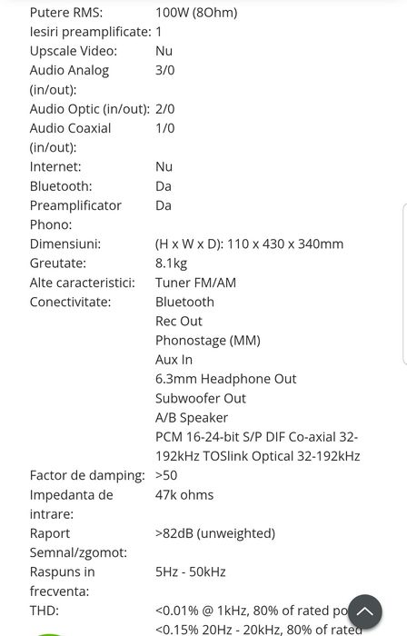 Amplificator Cambridge AXR 100 + 2 cabluri boxe/RCA