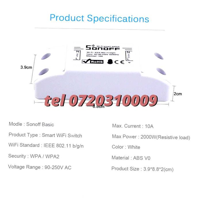 Intrerupator Wireless Sonoff Basic 10A pentru Smart Home