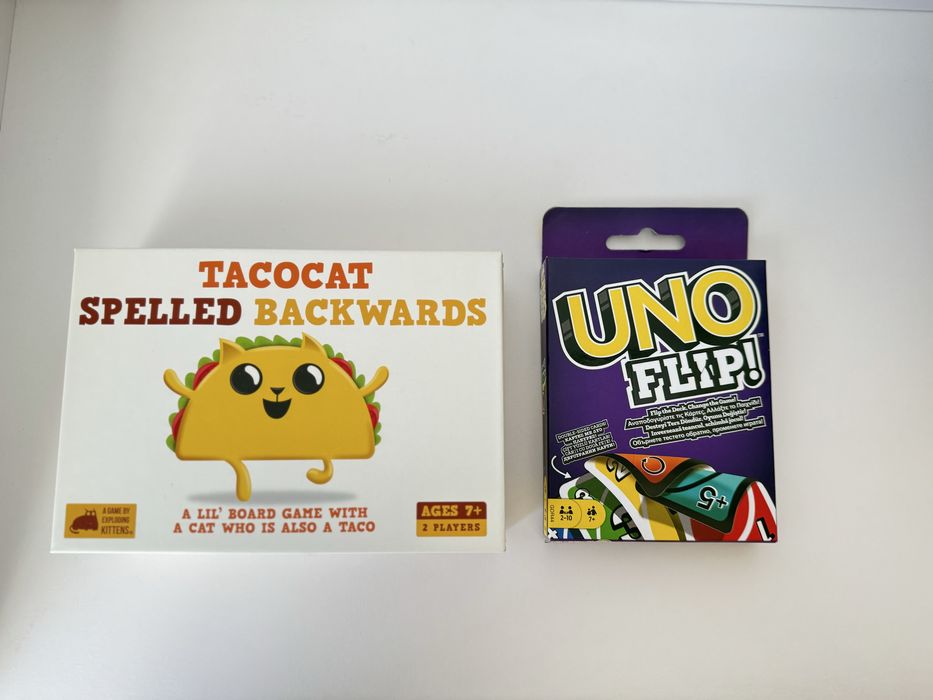 Настолни игри Tacocat spelled backwards и UNO flip експлодиращи котета