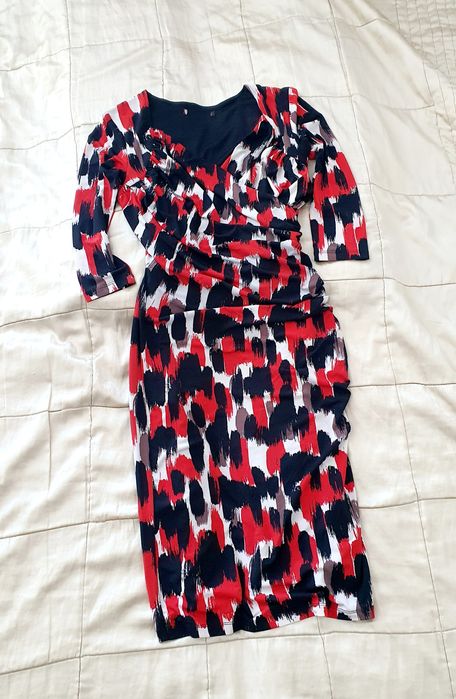 Next London M/L rochie negru roșu, mulată elegantă, midi, decolteu adânc, ocazie, elastică
