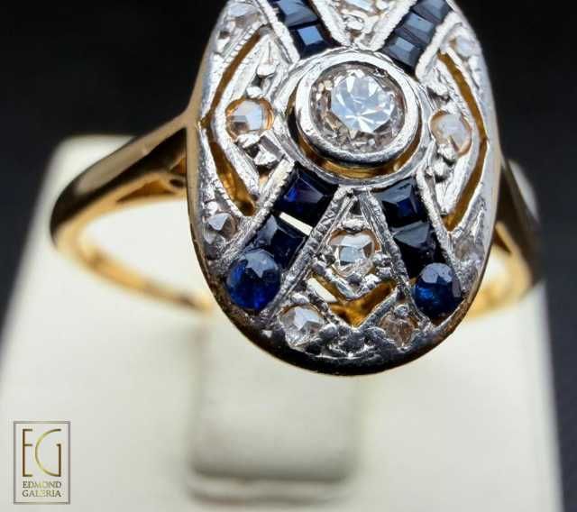 Inel Art Deco din aur și platină, cu diamante, safire,safire sintetice