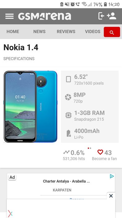 Telefon Nokia 1.4, Dual Sim, ecran 6.52 inch, 32GB, 2GB RAM, 4G,