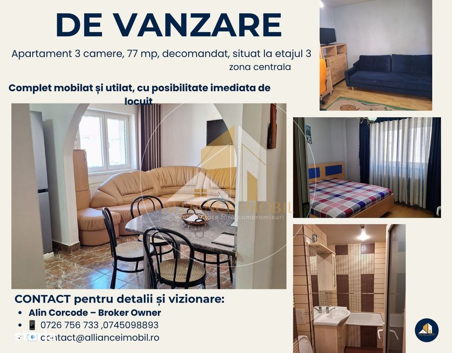 Apartament 3 Camere De Vanzare , Decomandat , Zona Centrala