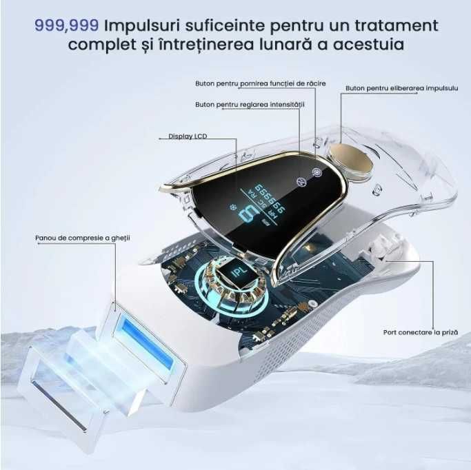 Aparat epilare IPL 3 în 1, 999900 flashuri,  ICE, 9 trepte intensitate