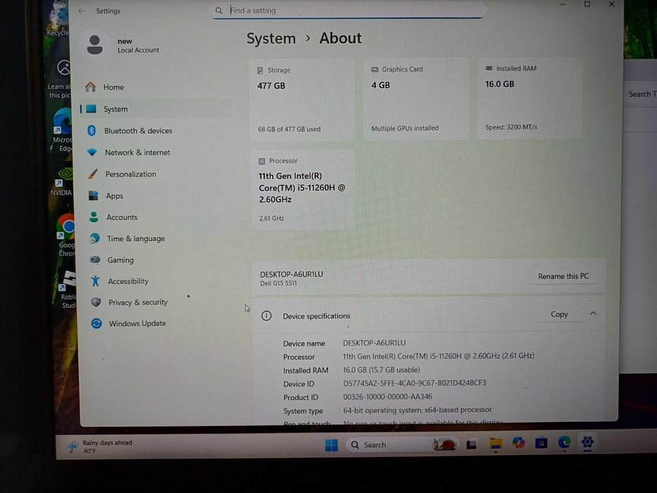 DELL G15 15'' FHD 120hz i5 11gen RTX3050 16GB RAM