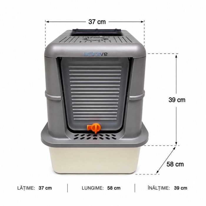Litieră pentru Pisici Portocal 50L, Închisă cu Capac, 58 x 37 x 39 cm, Gri, NOUA