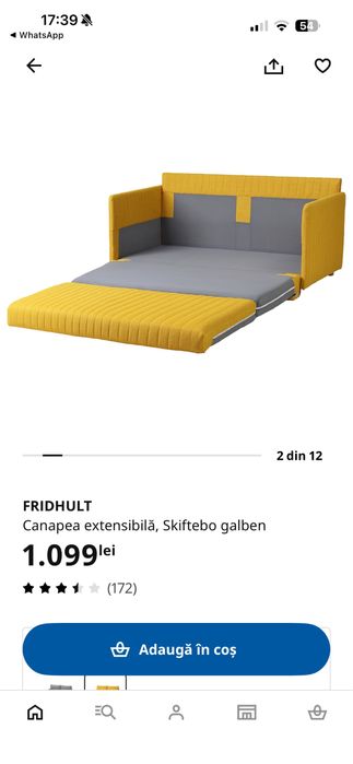 Canapea extensibilă galben muștar, 2 locuri