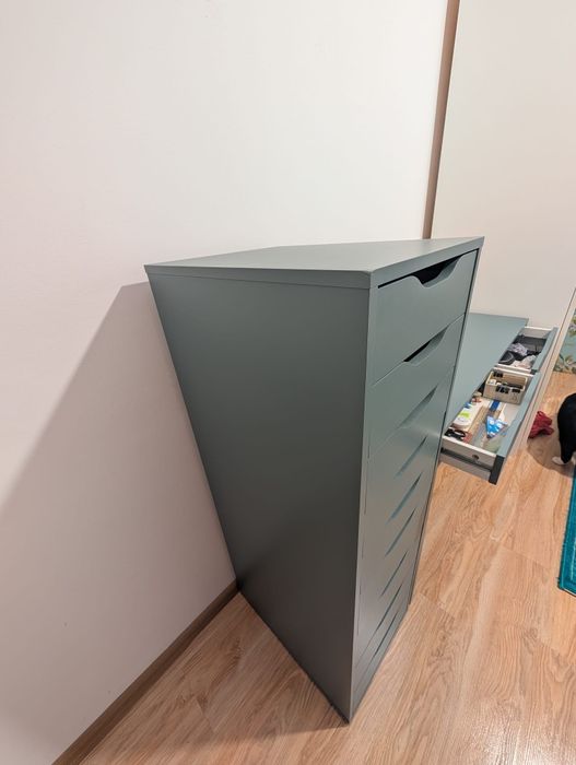 Set birou Ikea Alex, birou + dulap cu sertare, culoare gri inchis-turcoaz, in stare buna