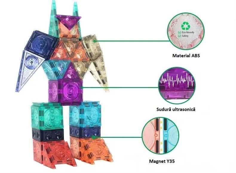 Set Magnetic Tiles 3D STEAM MNTL - 56 Piese, Dimensiune Mini (5 cm) - Noapte Stelara pentru Construcții cod 1357