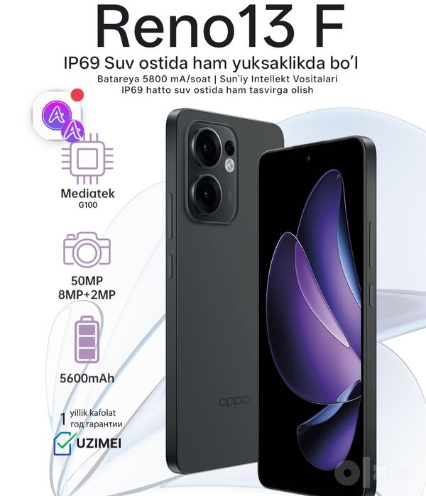 Oppo reno 13f xotirasi 256 gb karobka dokumenti bor orginal zaryadchig