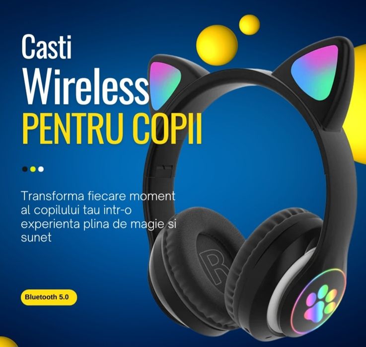 Casti copiii wireless- urechi de pisica, negru