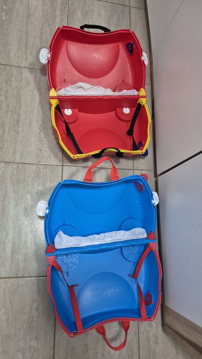 2 valize trunki copii pe rosu si albastru